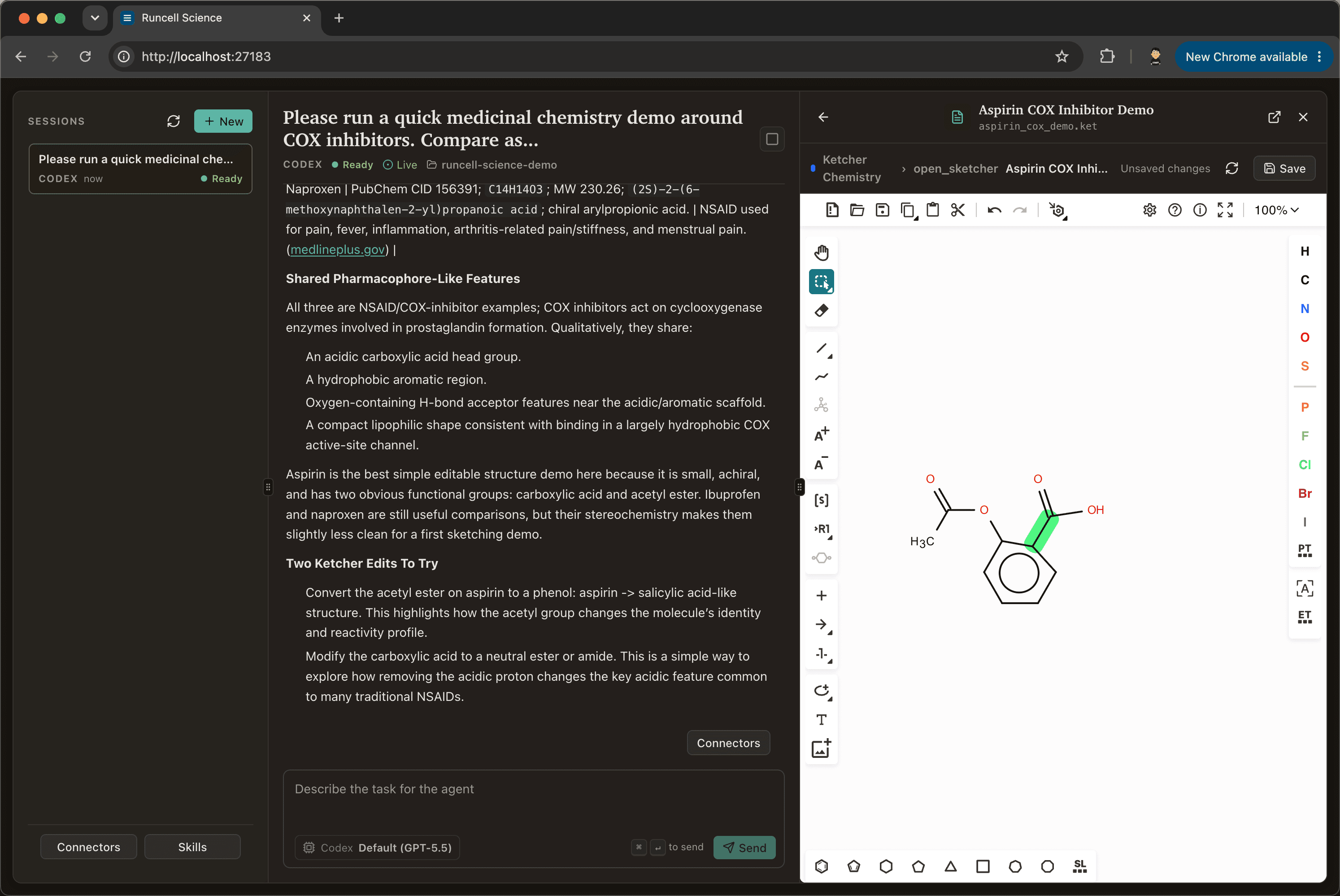 Runcell Science interface showing a medicinal chemistry session, Codex provider status, agent notes, and a Ketcher molecule editor artifact.